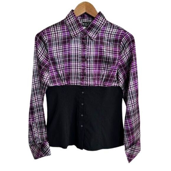 VTG Y2K Plaid Pop Punk Collared Top S Purple Button Up Avril Lavigne Skater - Picture 1 of 6